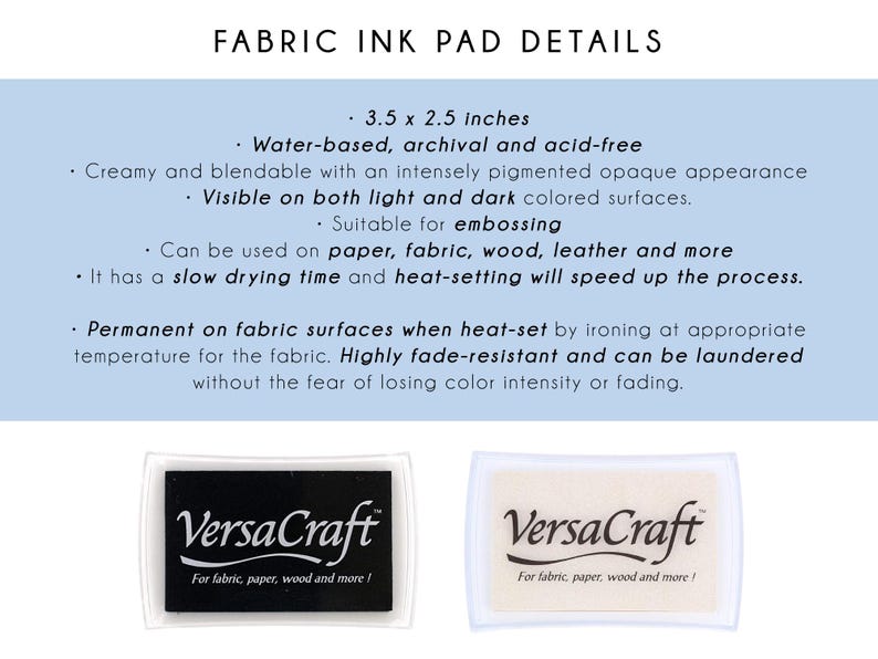 text and two images, one of which is a fabric ink pad. The text provides details about the fabric ink pad, including its dimensions, material, and properties.