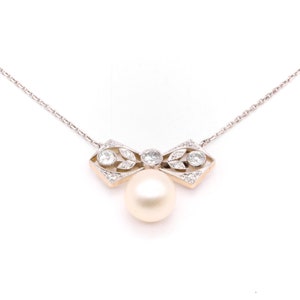 Antique Belle Epoque 15K Yellow Gold & Platinum Pearl and Old Cut Diamond Bow Necklace