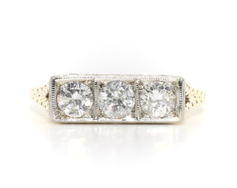 Art Deco 14K Yellow Gold and Platinum 0.6ctw Transitional Cut Diamond Trilogy Ring