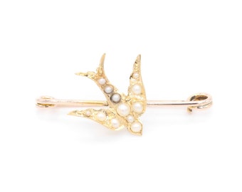 Antique 9K Yellow Gold Pearl Swallow Bird Brooch - Etsy