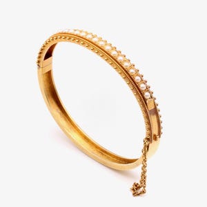 Antique Victorian 15K Yellow Gold Seed Pearl Etruscan Revival Bangle