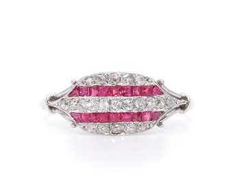 French Art Deco 1920s Platinum Ruby and Diamond 5 Row Panel Ring