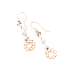 Antique Edwardian 18K White and Yellow Gold Pearl and Diamond Drop Earrings