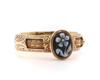 Antique Victorian 15K Yellow Gold Forget Me Not Sardonyx Cameo Sliding Mourning Ring