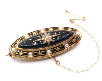 Antique Victorian 18K Yellow Gold Onyx, Pearl Star and Black Enamel Mourning Locket Brooch