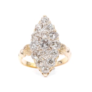 Antieke Victoriaanse 18 kt geelgoud en zilver 3,2 ctw oud geslepen diamanten Marquise paneelring