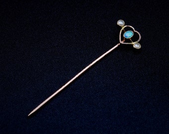 Antique Victorian 9K Yellow Gold Opal and Pearl Heart Shaped Stick Pin