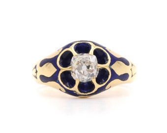 Antique Victorian 1880s 18K Yellow Gold Blue Enamel and 0.65ct Old Mine Cut Diamond Belcher Ring