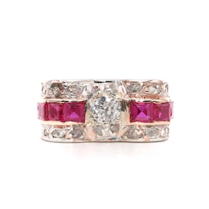 Art Deco 1940s Retro Platinum and 14K Rose Gold 1.2tgw Ruby and Diamond Tank Ring