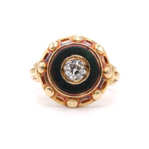 Antique Victorian 1850s 18K Yellow Gold 0.53ct Diamond and Bloodstone Target Ring