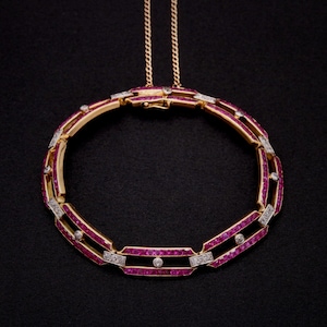 Art Deco 1940s 18K Yellow Gold and Platinum 5.38tgw Ruby and Diamond Link Bracelet