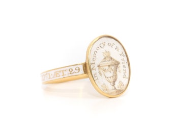 Antique Georgian 1770s 18K Yellow Gold White Enamel Urn “In Memory of a Friend” Mourning Ring