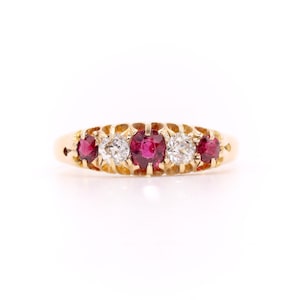 Antique Victorian 18K Yellow Gold 0.71tgw Ruby and Old Cut Diamond 5 Stone Ring