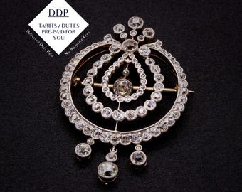 Broche victoriano antiguo de oro amarillo de 14 quilates y plata con 4,5 cts de diamantes de talla Old Mine