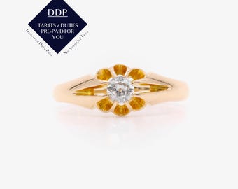 Antique Victorian 18K Yellow Gold Old European Cut Diamond Solitaire Belcher Ring