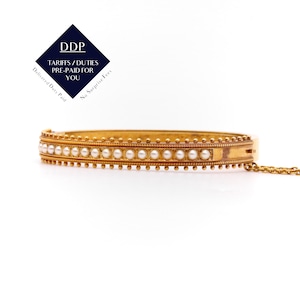 Antique Victorian 15K Yellow Gold Seed Pearl Etruscan Revival Bangle