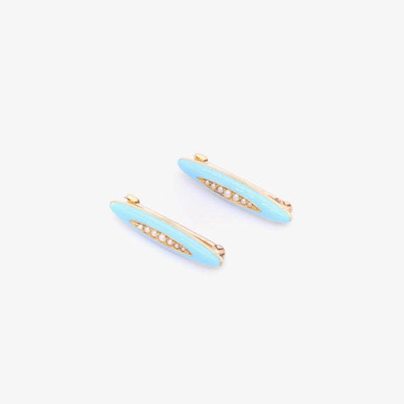 A Pair of Antique 14K Yellow Gold Pale Blue Ename… - image 5