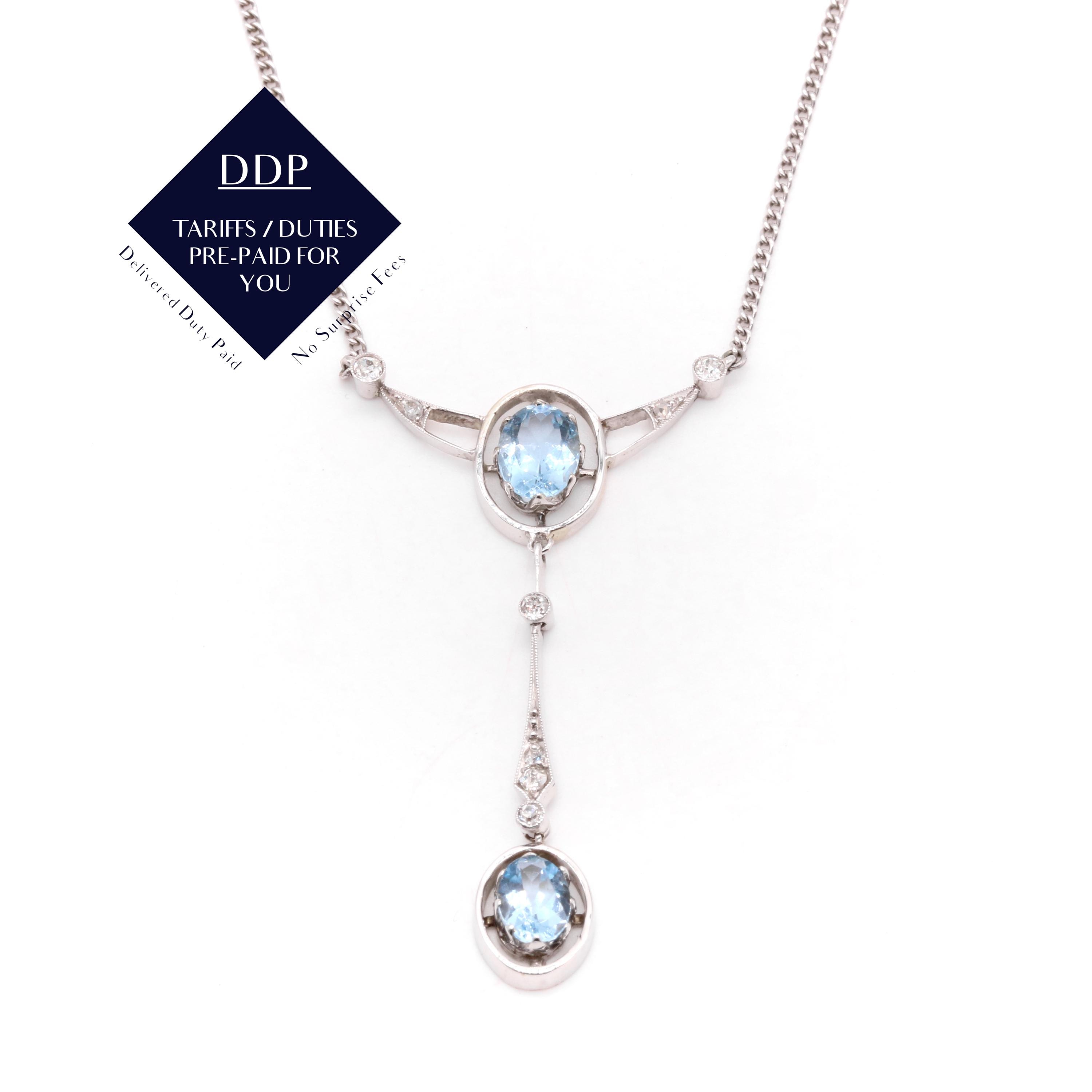 Antique Belle Epoque 15K White Gold & Platinum 1.7tgw Aquamarine and Old Cut Diamond Necklace