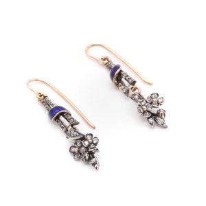 Antique Georgian 18K Yellow Gold and Silver Diamond and Blue Enamel Floral Drop Earrings