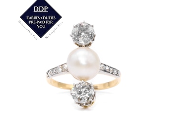 Antique Edwardian 18K Yellow Gold and Platinum Certified Natural Pearl and 1.89ctw Diamond Ring