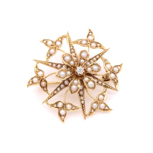Broche y colgante con forma de estrella floral de diamantes y perlas en oro amarillo de 15 quilates de estilo eduardiano antiguo