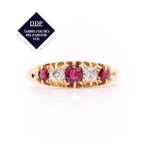 Antique Victorian 18K Yellow Gold 0.71tgw Ruby and Old Cut Diamond 5 Stone Ring