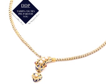Antique Victorian 1850s 18K Yellow Gold Blue Enamel, Pearl and Garnet Snake Locket Necklace