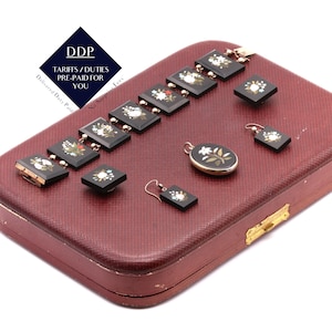 Antique Victorian 9K Yellow Gold Pietra Dura Suite in Original Fitted Case