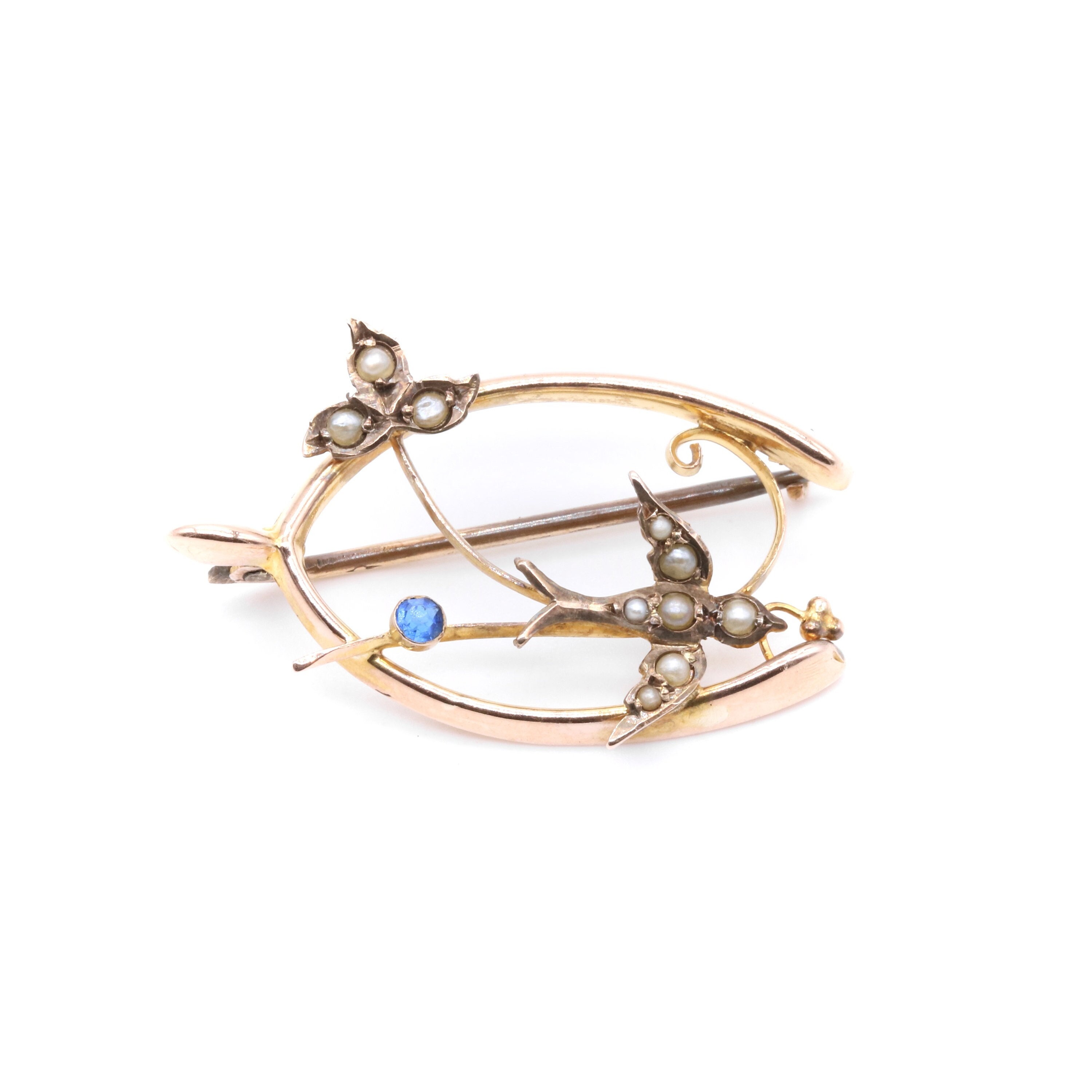 Antique Edwardian 9K Yellow Gold Blue Paste and Pearl Swallow - Etsy