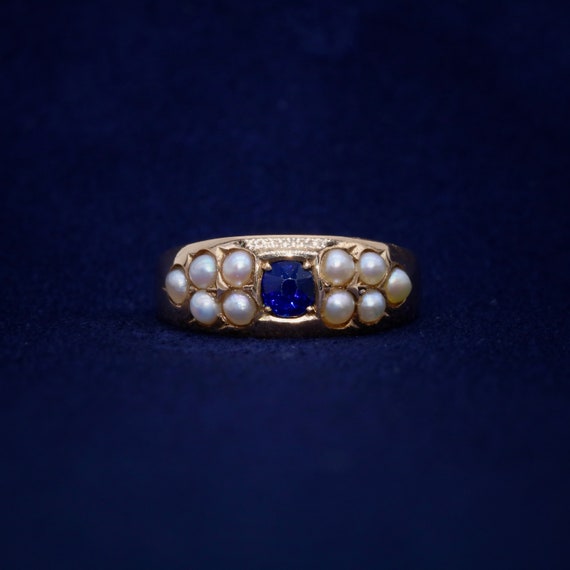 Antique Victorian 15K Yellow Gold Sapphire and Pe… - image 2