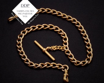 Antique Victorian 48g 9K Yellow Gold Curb Link Albert Chain with Dog Clips and T-Bar