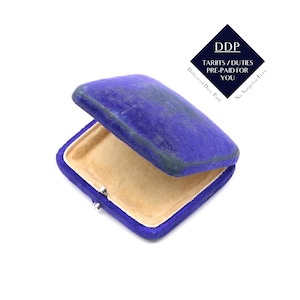 Antique Royal Blue Velvet Rectangular Jewellery Box with Cream Velvet and Silk Interior
