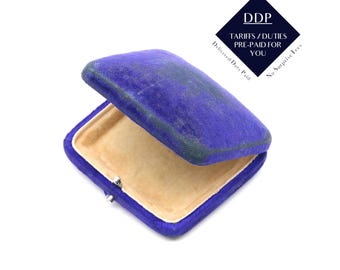 Antique Royal Blue Velvet Rectangular Jewellery Box with Cream Velvet and Silk Interior