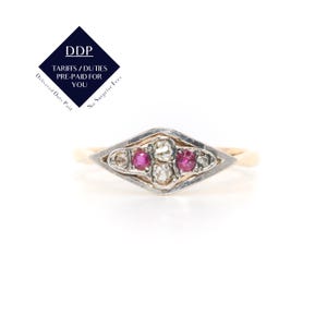 Art Deco 18K Yellow Gold and Platinum Diamond and Ruby Lozenge Shaped Ring