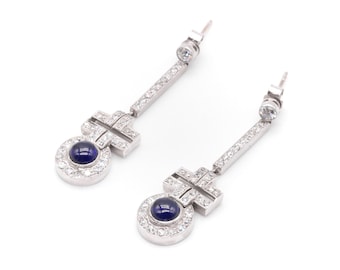 Art Deco 1920s Platinum 3.52tgw Cabochon Sapphire and Diamond Drop Earrings