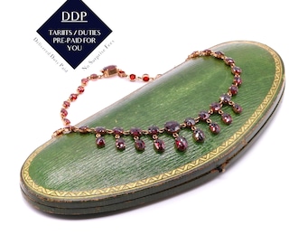 Antique Victorian 1870s Yellow Gold 48ctw Garnet Fringe Necklace in Original Fitted Case
