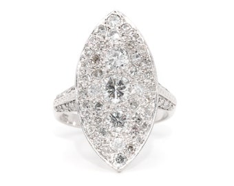 Art Deco 1930s 18K White Gold 1.82ctw Diamond Navette Panel Ring with Diamond Shoulders