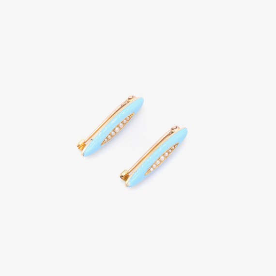 A Pair of Antique 14K Yellow Gold Pale Blue Ename… - image 3