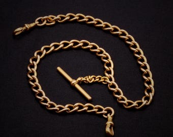 Antique Victorian 48g 9K Yellow Gold Curb Link Albert Chain with Dog Clips and T-Bar
