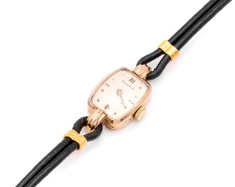 Vintage 1950s 18K Yellow Gold Cortebert Swiss Watch with Black Leather Strap, in Working Order