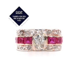 Art Deco 1940s Retro Platinum and 14K Rose Gold 1.2tgw Ruby and Diamond Tank Ring