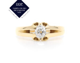 Antique Victorian 18K Yellow Gold 0.54ct Old Mine Cut Diamond Solitaire Belcher Ring