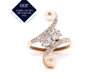 Antique Edwardian 14K Yellow Gold & Platinum 0.81ctw Old Cut Diamond and Pearl Toi et Moi Ring