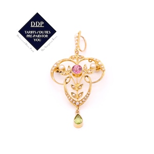 Colgante y broche antiguos de la época eduardiana en oro amarillo de 15 quilates con turmalina rosa, peridoto y perlas.