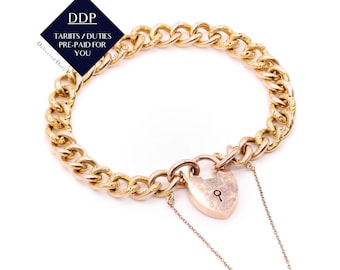Antique Edwardian 15.6g 9K Gold Curb Chased Link Bracelet with Heart Padlock