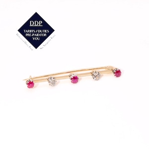 Antique Edwardian 15K Yellow Gold & Platinum 0.57tgw Ruby and Old Cut Diamond Bar Brooch