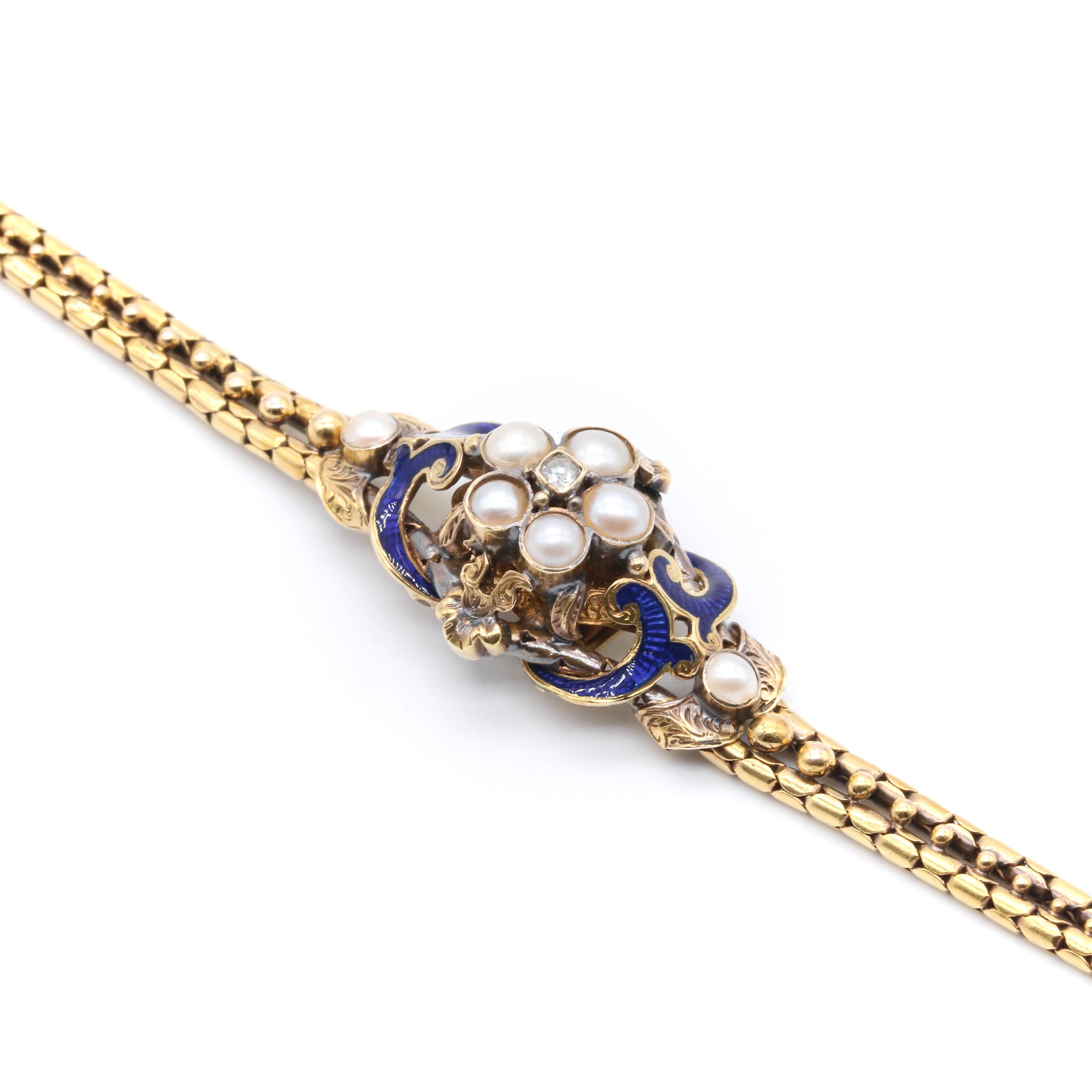 Antique Victorian 18K Yellow Gold Diamond, Pearl and Blue Enamel ...