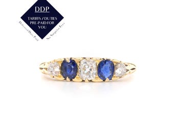 Antique 18K Yellow Gold 1.04tgw Diamond and Sapphire 5 Stone Ring with Scrolled Gallery