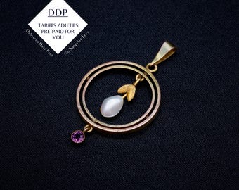 Antieke edwardiaanse 9 kt geelgouden barokke druppelhanger met parel en amethist