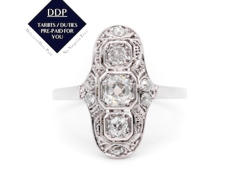 Anillo de tres paneles con diamantes talla antigua de 0,85 quilates, estilo Art Déco, en platino y oro blanco de 14 quilates.